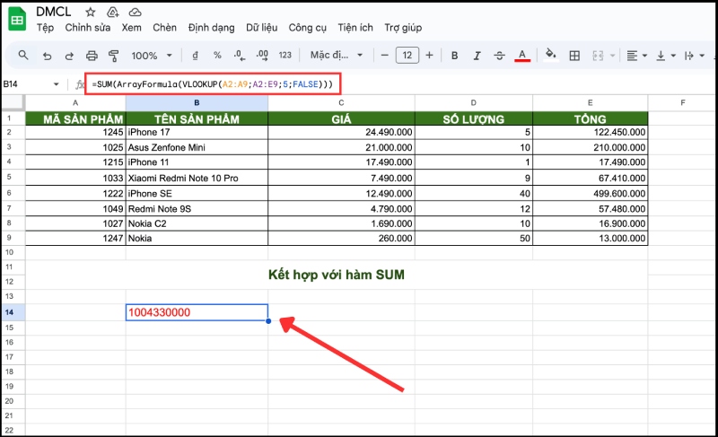 Tính tổng dữ liệu bằng VLOOKUP và SUM