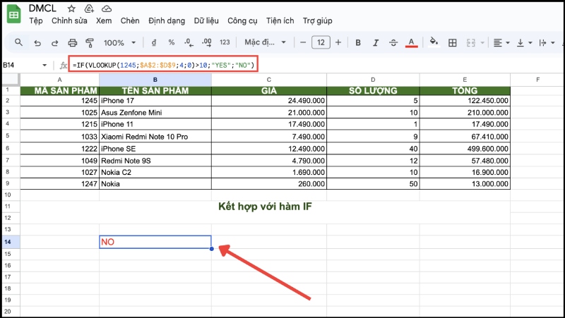 Kết hợp VLOOKUP với hàm IF