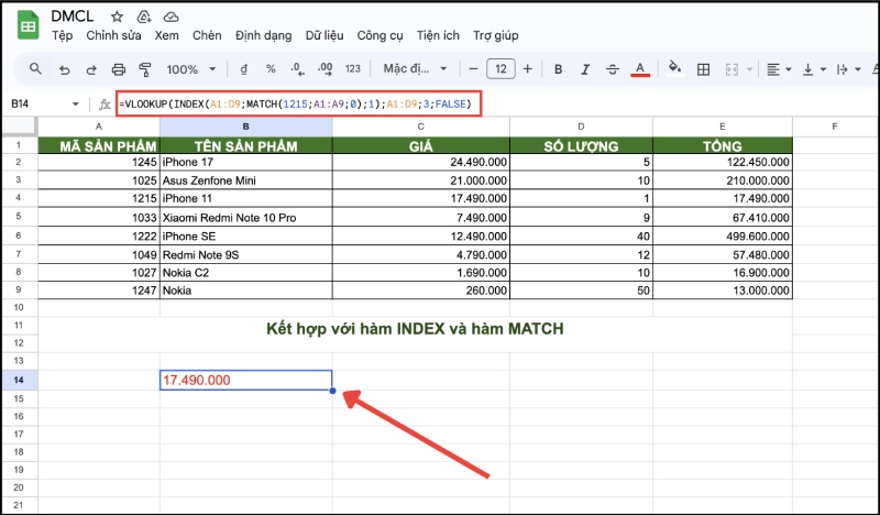 Tra cứu giá sản phẩm bằng INDEX–MATCH