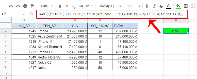 Hàm VLOOKUP kết hợp hàm AND