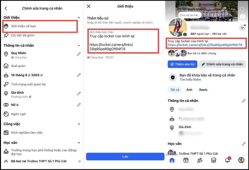 Gắn link tài khoản Locket tại mục tiểu sử trên trang Facebook