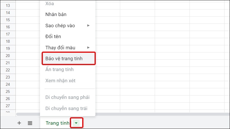 Cài đặt bảo vệ trang tính google sheets