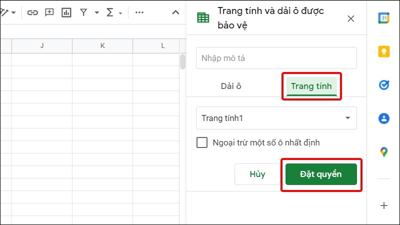 Chọn Trang tính và nhấn Đặt quyền