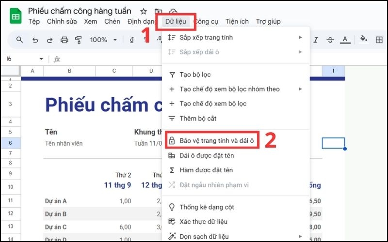 Cách khóa Sheet trong Google Sheets bước 1