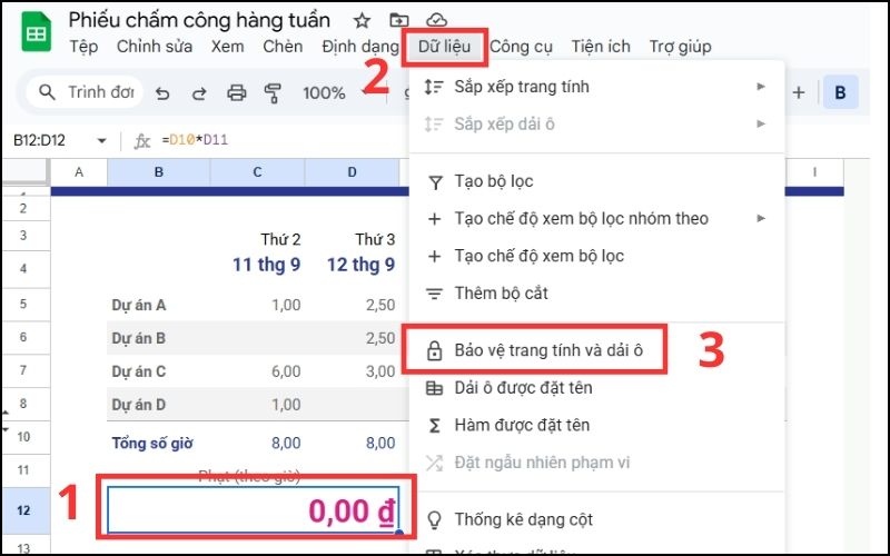 Cách khóa công thức trong Google Sheets bước 1