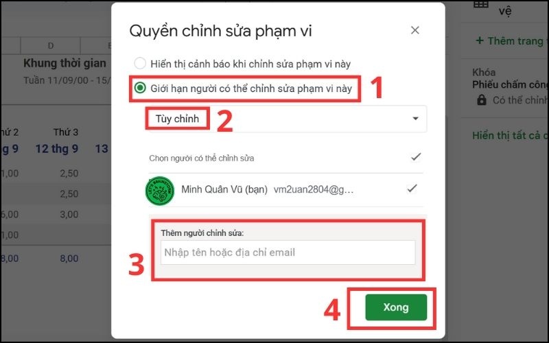 Thao tác đặt quyền chỉnh sửa tùy chỉnh