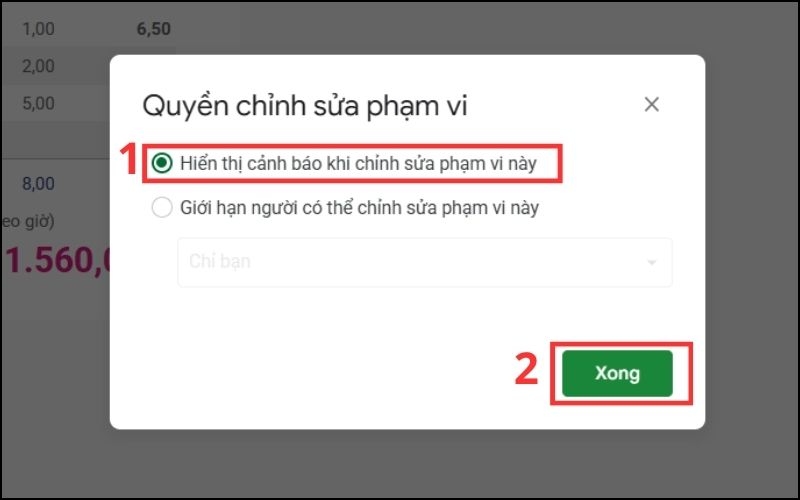 Chọn Hiển thị cảnh báo khi chỉnh sửa phạm vi này