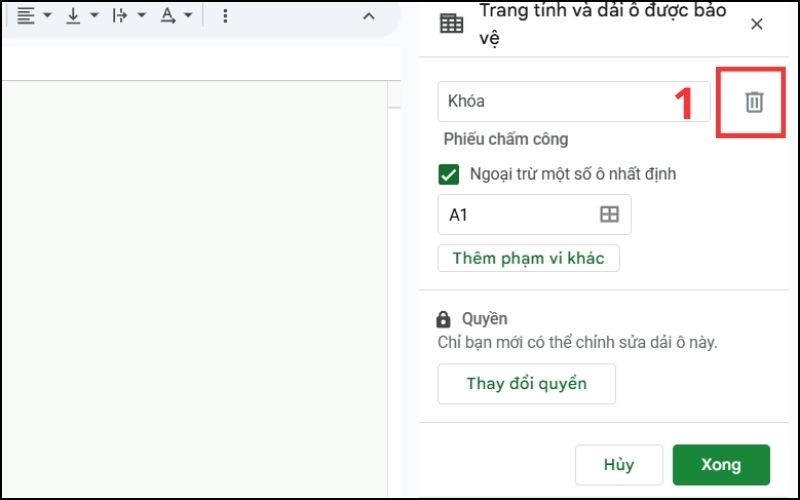 Chọn biểu tượng Thùng rác để xóa bảo vệ