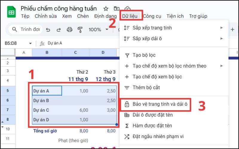 Cách khóa vùng dữ liệu trong Google Sheets bước 1