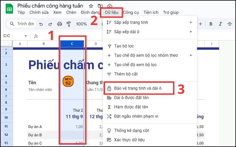 Cách khóa cột trong Google Sheets bước 1