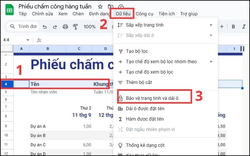 Cách khóa hàng trong Google Sheets bước 1