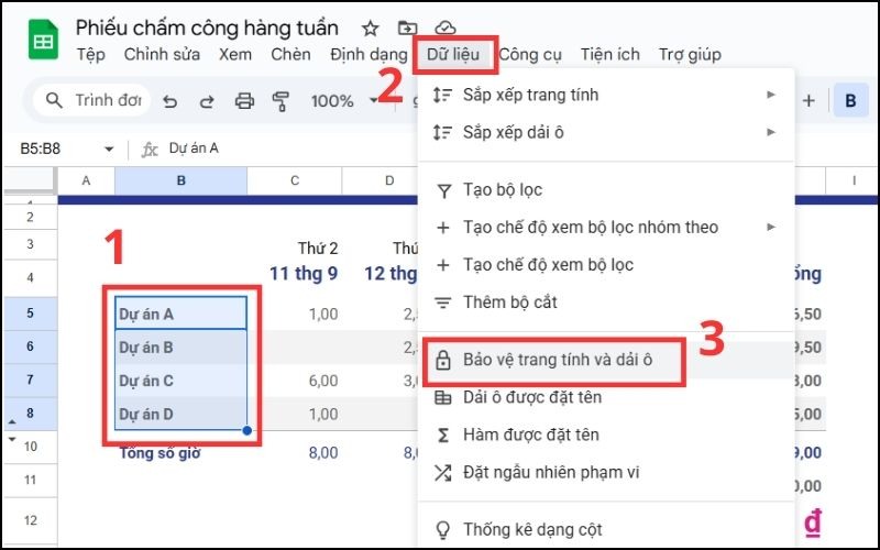 Cách khóa ô trong Google Sheets bước 1