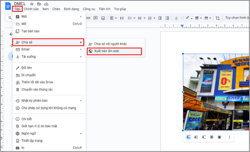 Chọn Xuất bản lên web trong mục Tệp