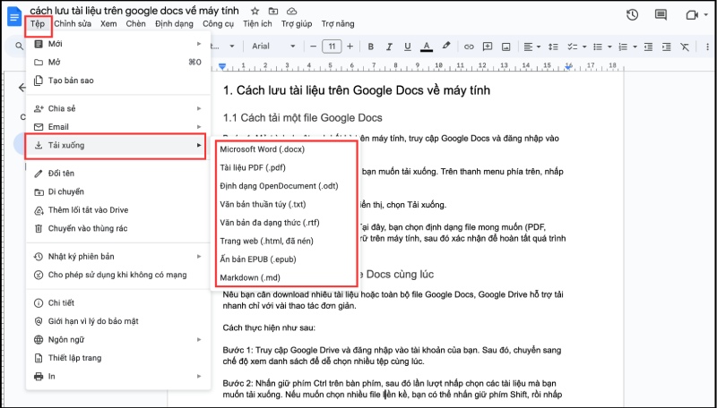 Các bước tải một file Google Docs