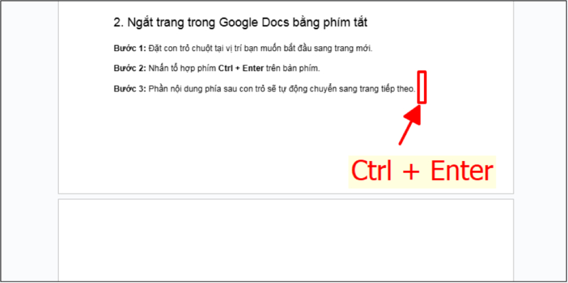 Phím tắt Ctrl Enter ngắt trang Google Docs