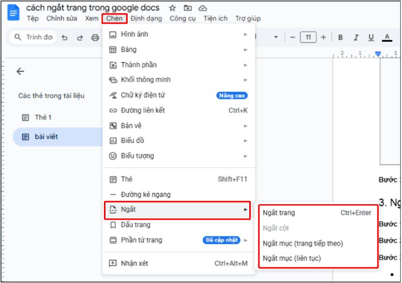 Chọn Chèn ngắt trang trong Google Docs
