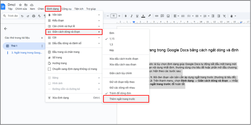 Tùy chọn thêm ngắt trang trước trong Google Docs