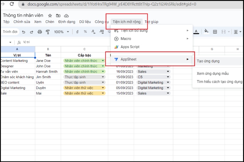 Kết nối dữ liệu với appsheet