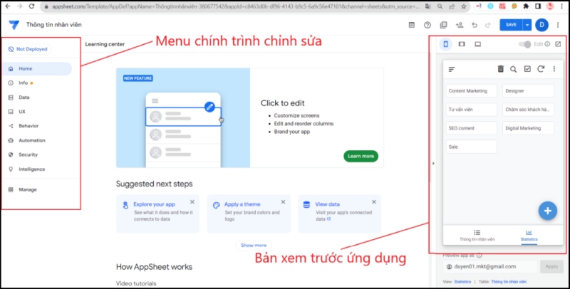 Giao diện chỉnh sửa ứng dụng trên AppSheet