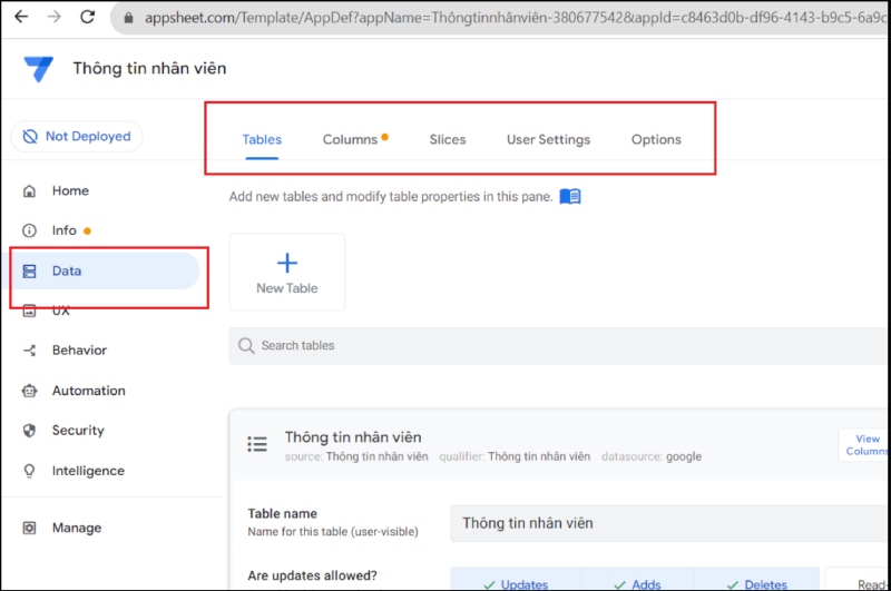 Thiết lập cách sử dụng appsheet