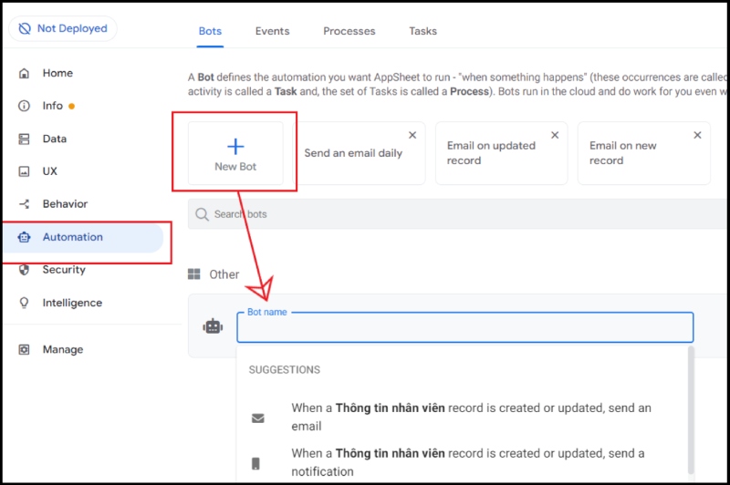 Thiết lập bot tự động hóa trong AppSheet