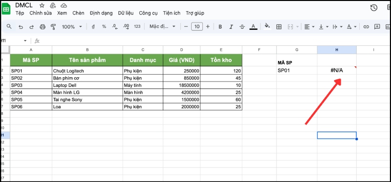 Lỗi #N/A khi sử dụng hàm XLOOKUP