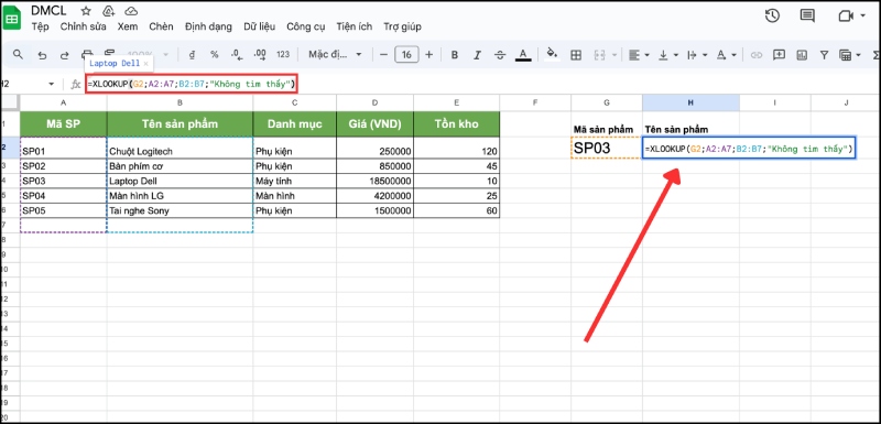 Tra cứu theo cột bằng hàm XLOOKUP trong Google Sheets 