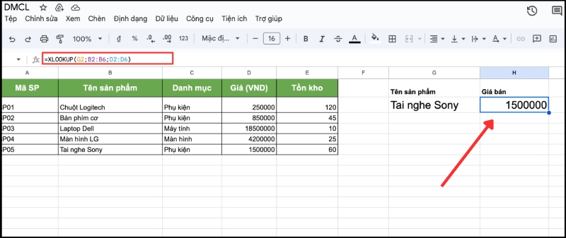 Tra cứu theo hàng bằng hàm XLOOKUP trong Google Sheets
