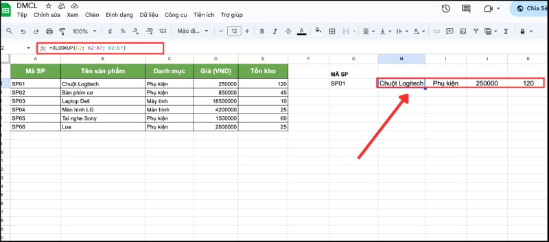 Hàm XLOOKUP trả về một mảng kết quả