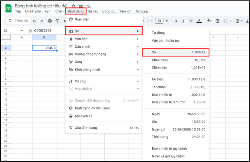 Định dạng ô về kiểu Số trong Google Sheets