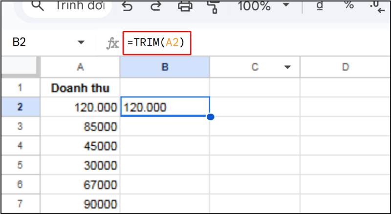 Dùng hàm TRIM trong Google Sheets để loại bỏ khoảng trắng