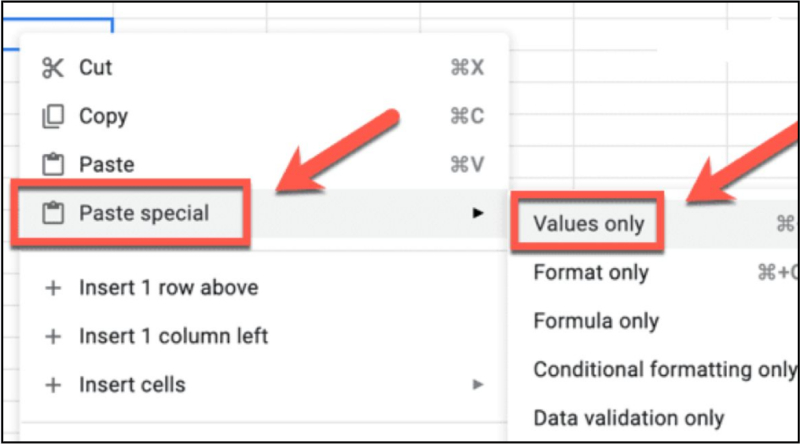 Thao tác Paste special Values only trong Google Sheets