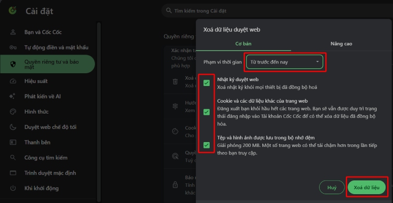 Tích chọn cả 3 mục để dọn bộ nhớ Cache và Cookie