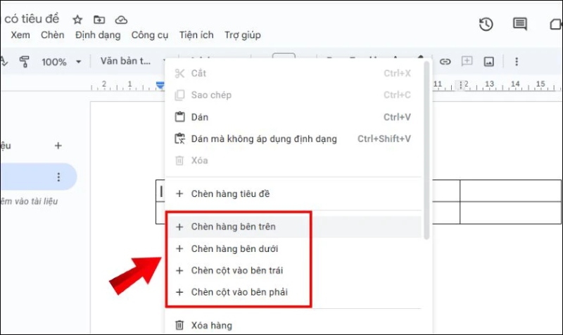 Chọn cách chèn hàng hoặc cột phù hợp