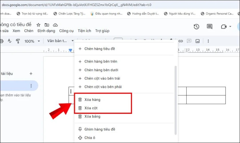 Tùy chọn xóa cột và hàng trong bảng trên Google Docs