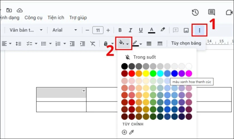 Cách tô màu ô hoặc tô màu bảng trong Google Docs