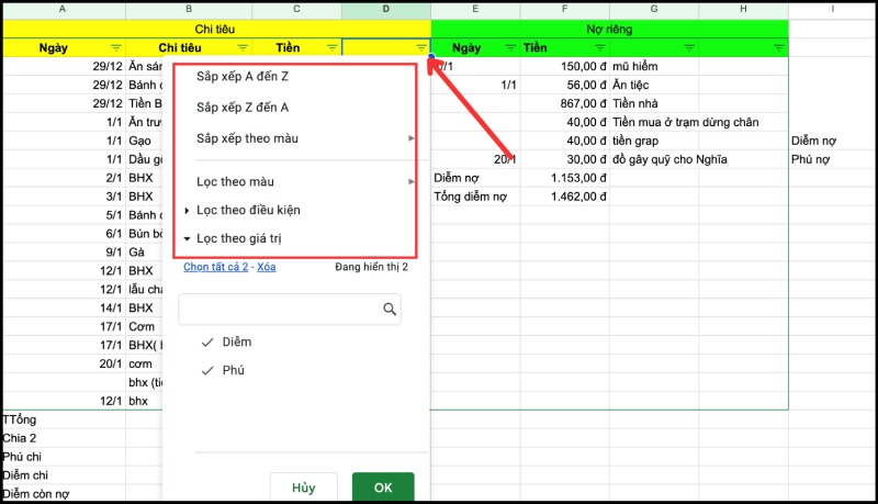 Nhấp vào biểu tượng phễu và chọn điều kiện