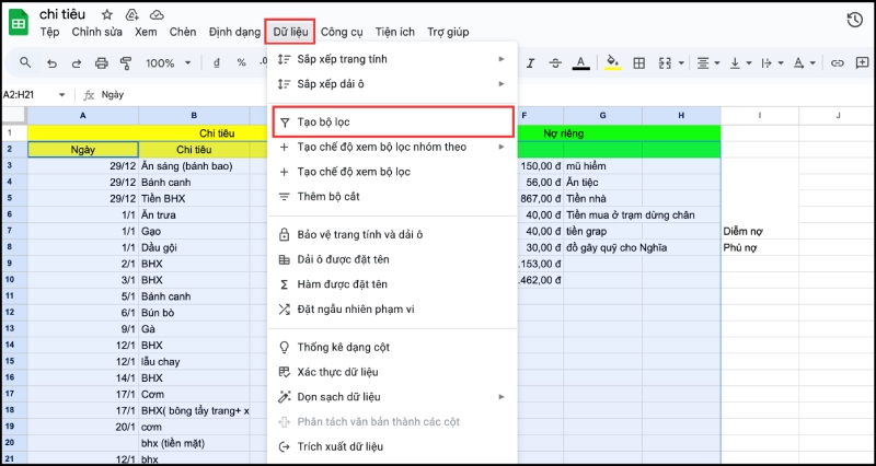 Chọn Dữ liệu và Tạo bộ lọc