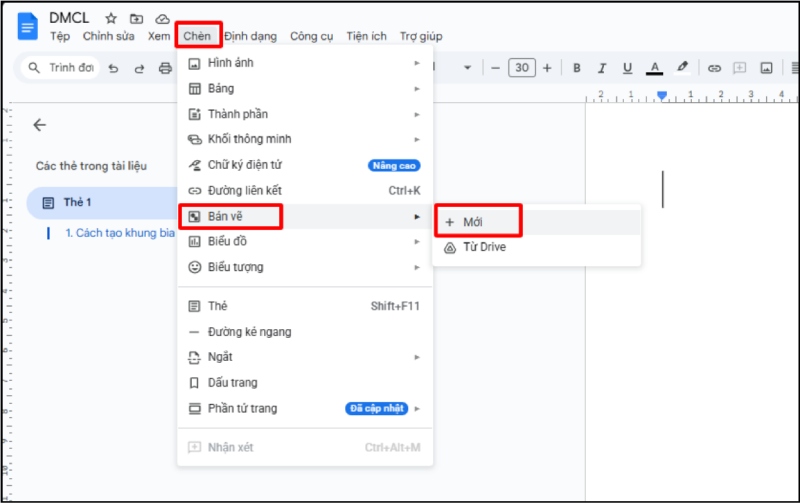 Chọn Chèn (Insert) và nhấn vào Bản vẽ (Drawing)