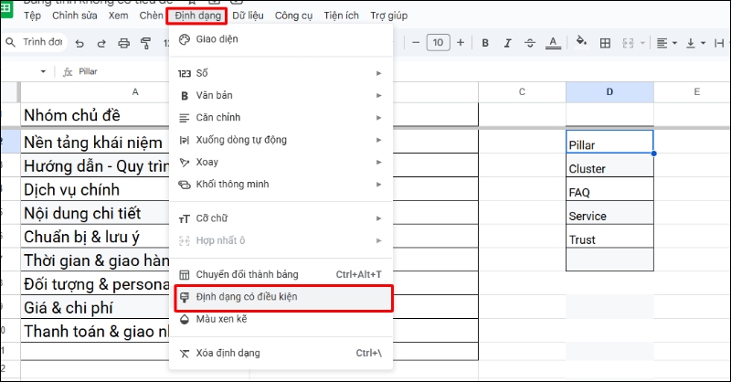 Nhấp chuột phải và chọn Định dạng có điều kiện