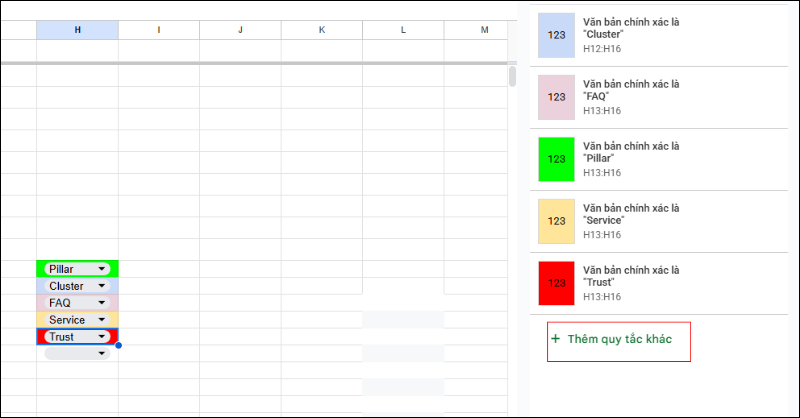 Nhiều quy tắc màu được áp dụng