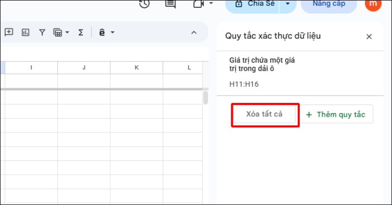 Nút Xóa tất cả trong xác thực dữ liệu.