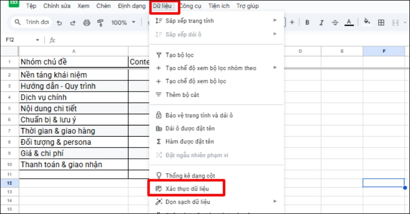 Menu Dữ liệu với tùy chọn Xác thực dữ liệu được đánh dấu