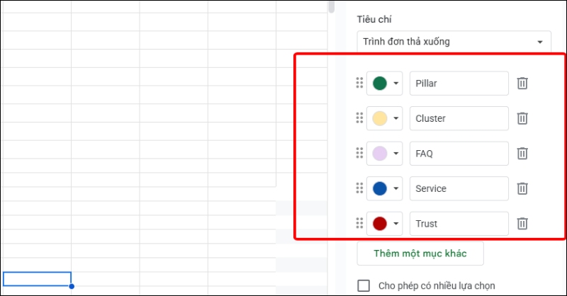 Nhập danh sách giá trị cho drop list