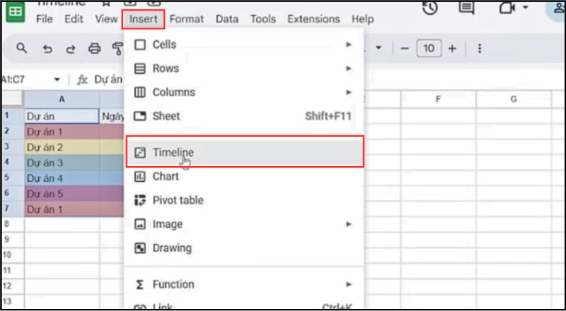 Menu Insert trong Google Sheets với tùy chọn tạo Timeline từ dữ liệu bảng