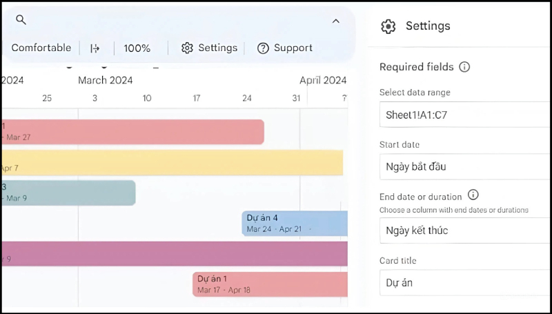 Giao diện Timeline và bảng cài đặt chọn ngày bắt đầu, ngày kết thúc