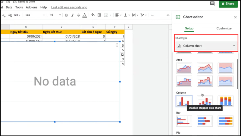 Trình chỉnh sửa biểu đồ Google Sheets với tùy chọn chọn loại biểu đồ cột