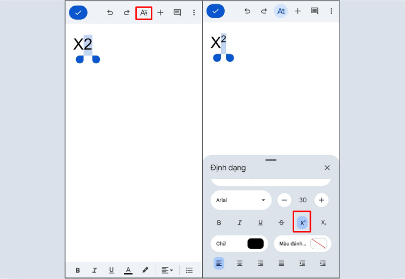 Viết số mũ trong Google Docs trên điện thoại
