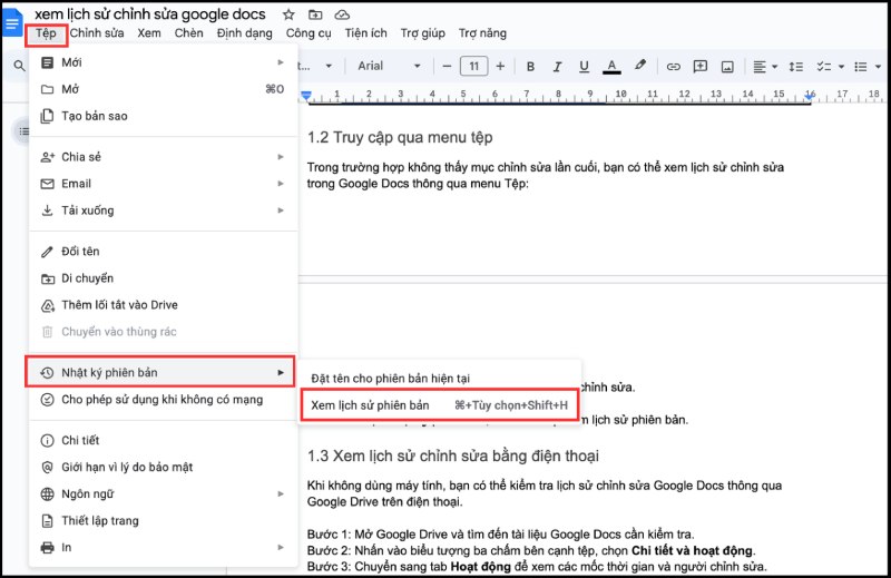 Thao tác mở lịch sử phiên bản Google Docs từ menu Tệp