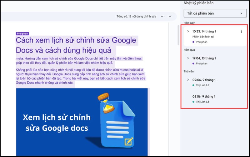 Bảng lịch sử phiên bản sẽ xuất hiện bên phải